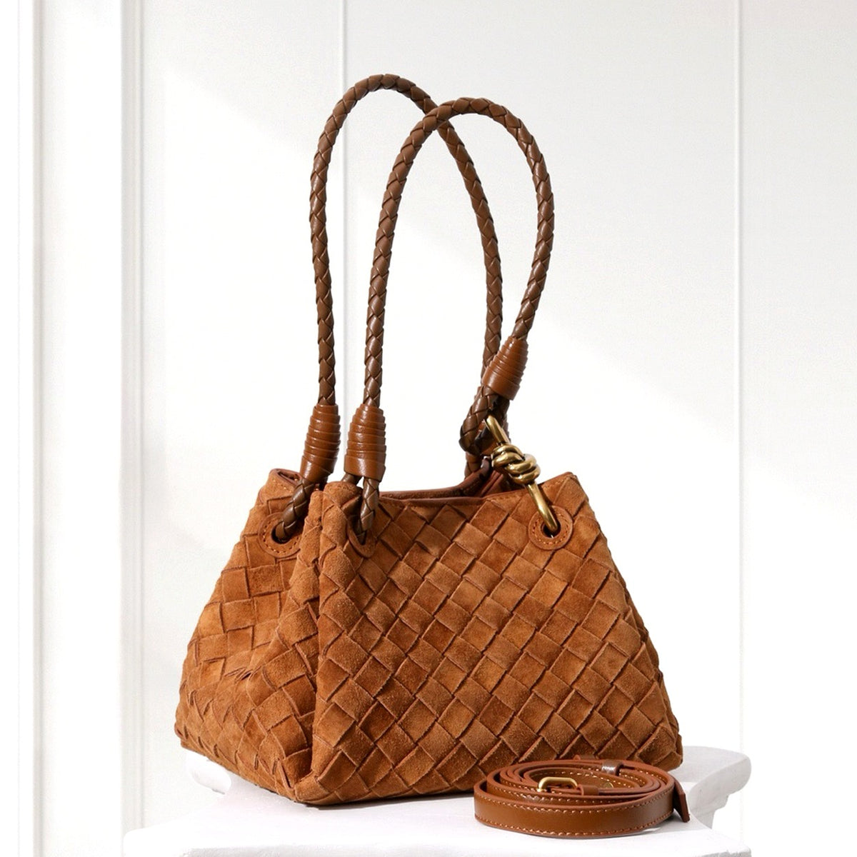Ilsa Woven Shoulder Bag in Caramel, angled view