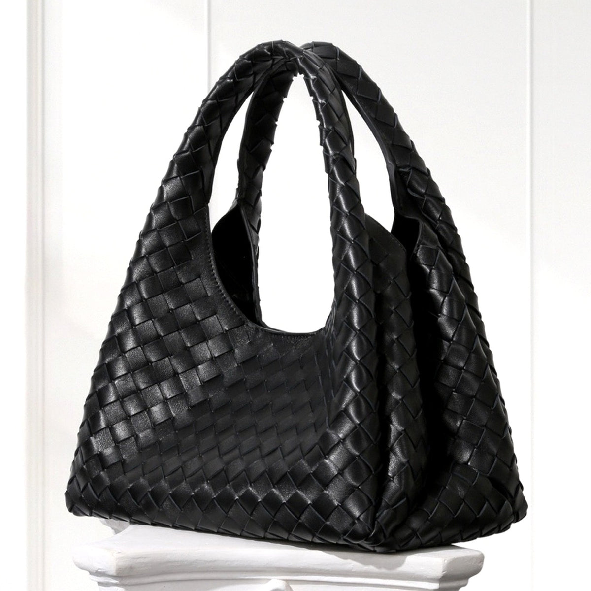 Sonja Woven Tote in Black, angled view
