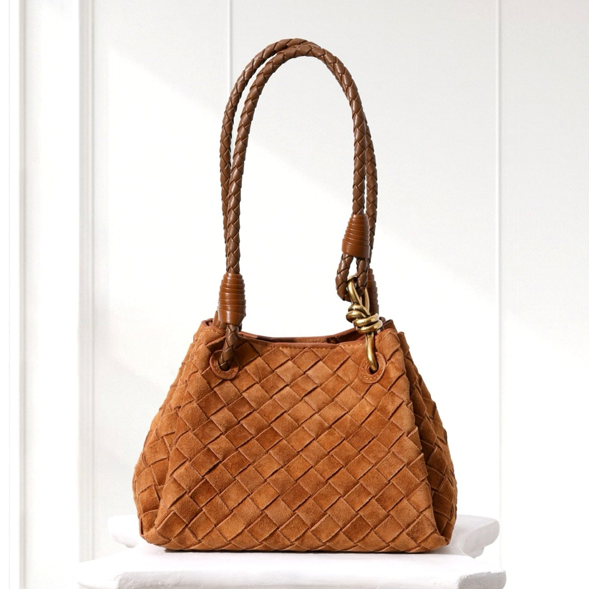 Ilsa Woven Shoulder Bag in Caramel, front view