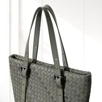 Tove Woven Tote in Green, leather detail