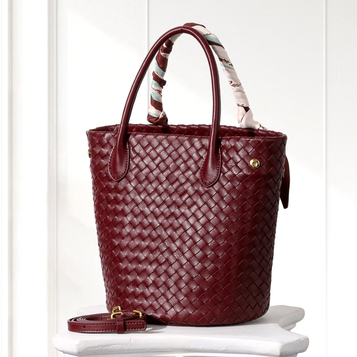 Ingrid Woven Bucket Bag in Burgundy, front view