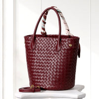 Ingrid Woven Bucket Bag in Burgundy, front view
