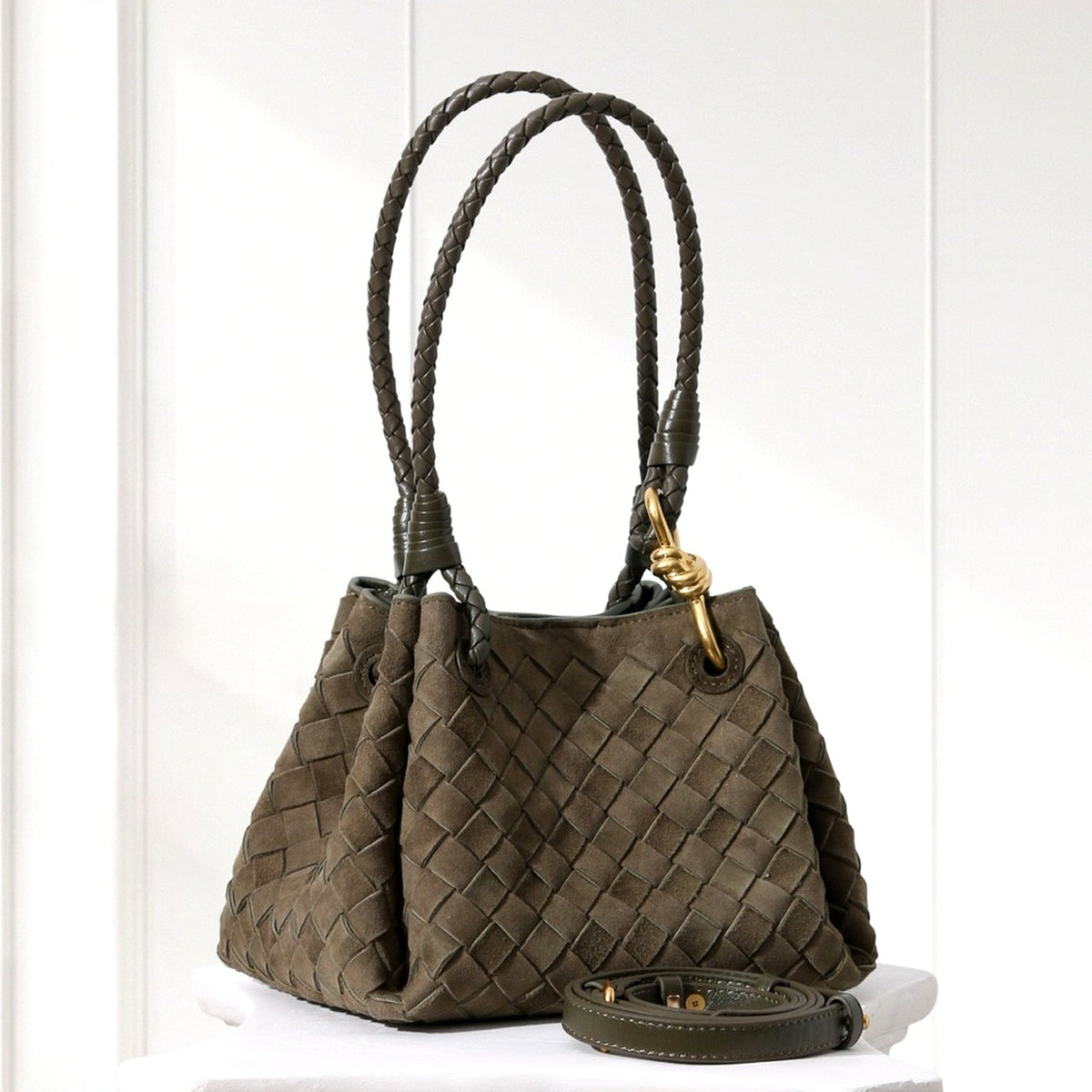 Ilsa Woven Shoulder Bag in Olive, angled view