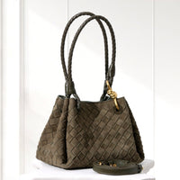 Ilsa Woven Shoulder Bag in Olive, angled view