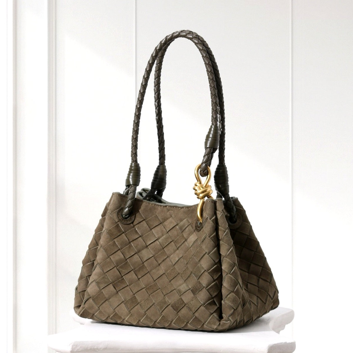 Ilsa Woven Shoulder Bag in Olive, front view