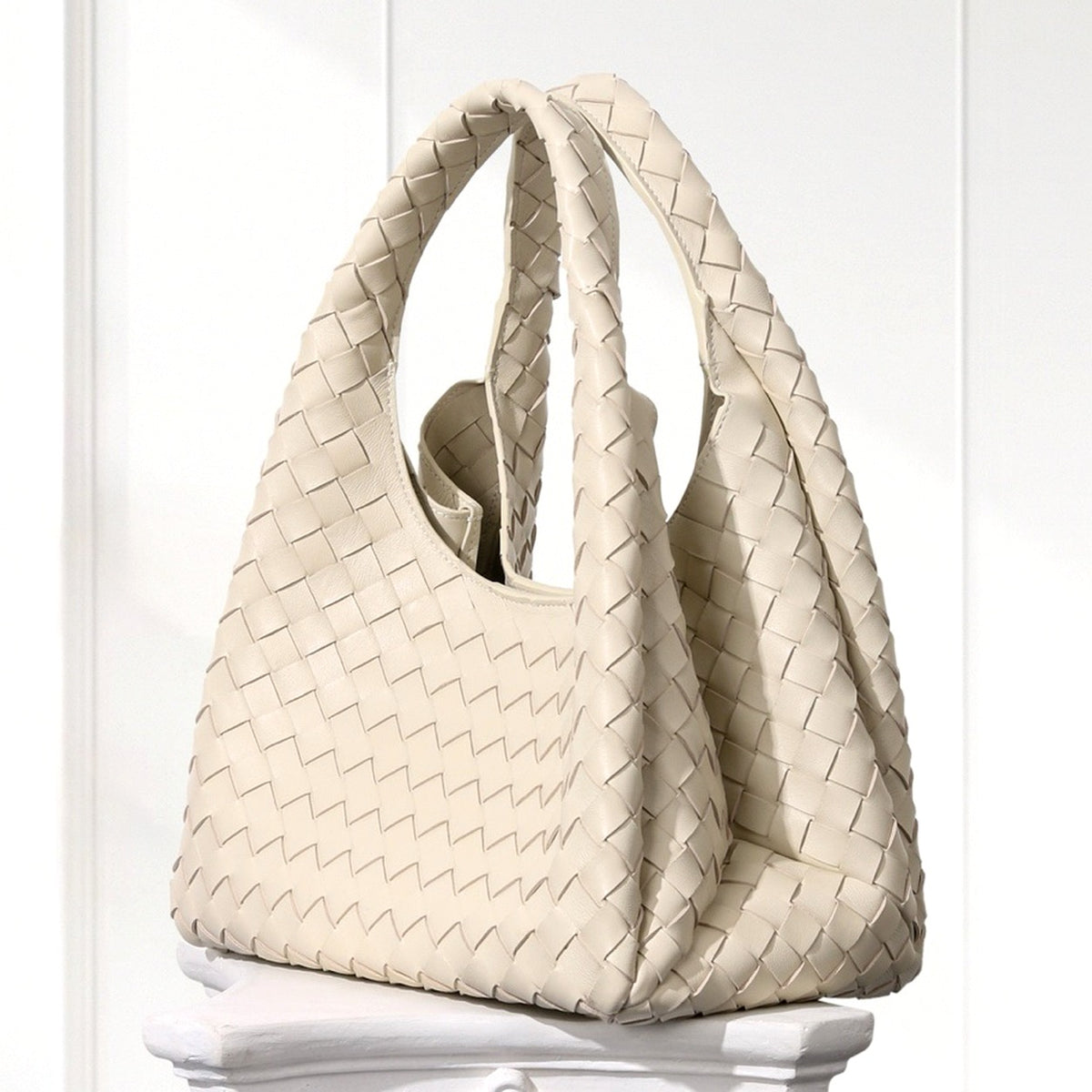 Sonja Woven Tote in Cream, angled view
