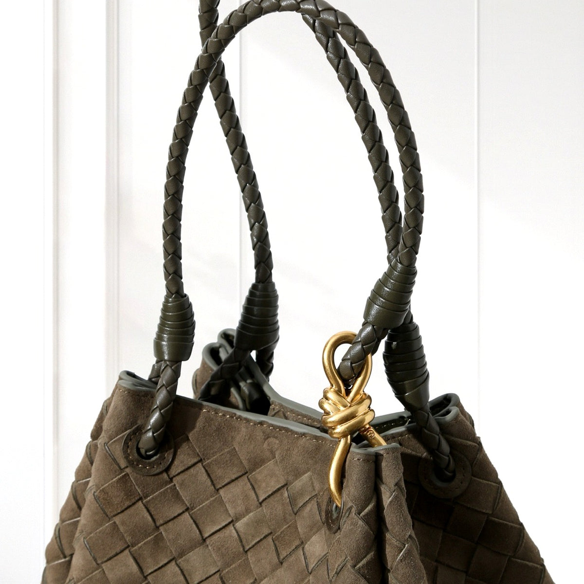 Ilsa Woven Shoulder Bag in Olive, handle detail
