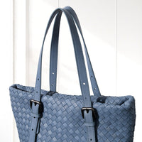 Tove Woven Tote in Haze Blue, leather detail