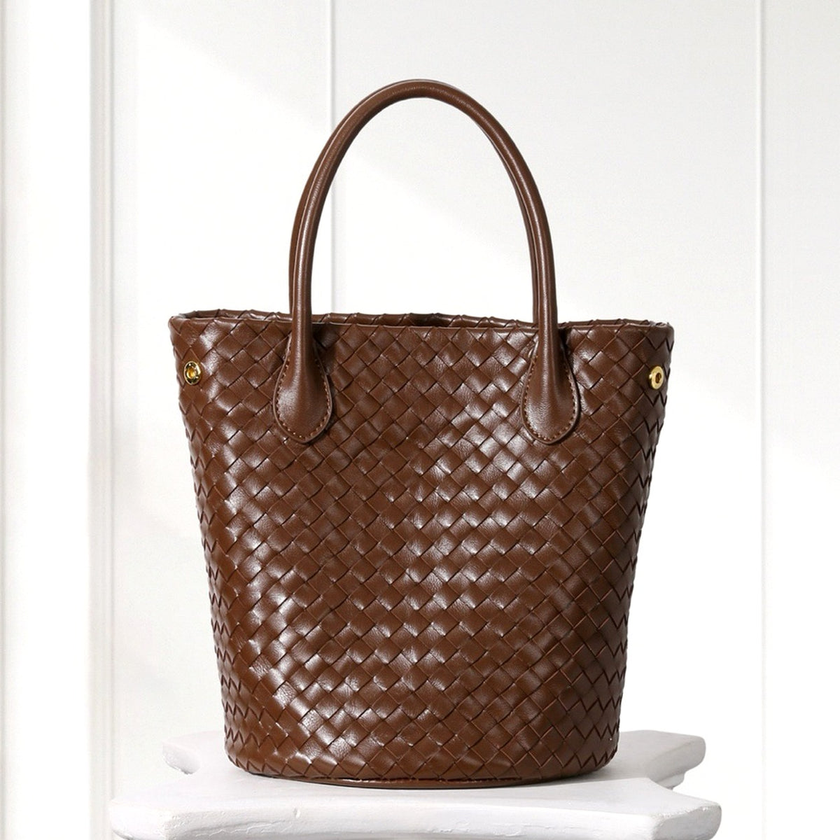 Ingrid Woven Bucket Bag in Brown, front view