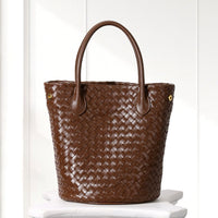 Ingrid Woven Bucket Bag in Brown, front view