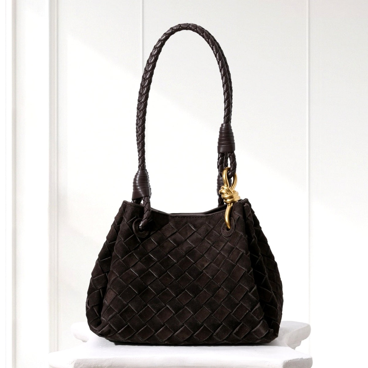 Ilsa Woven Shoulder Bag in Dark Brown, front view