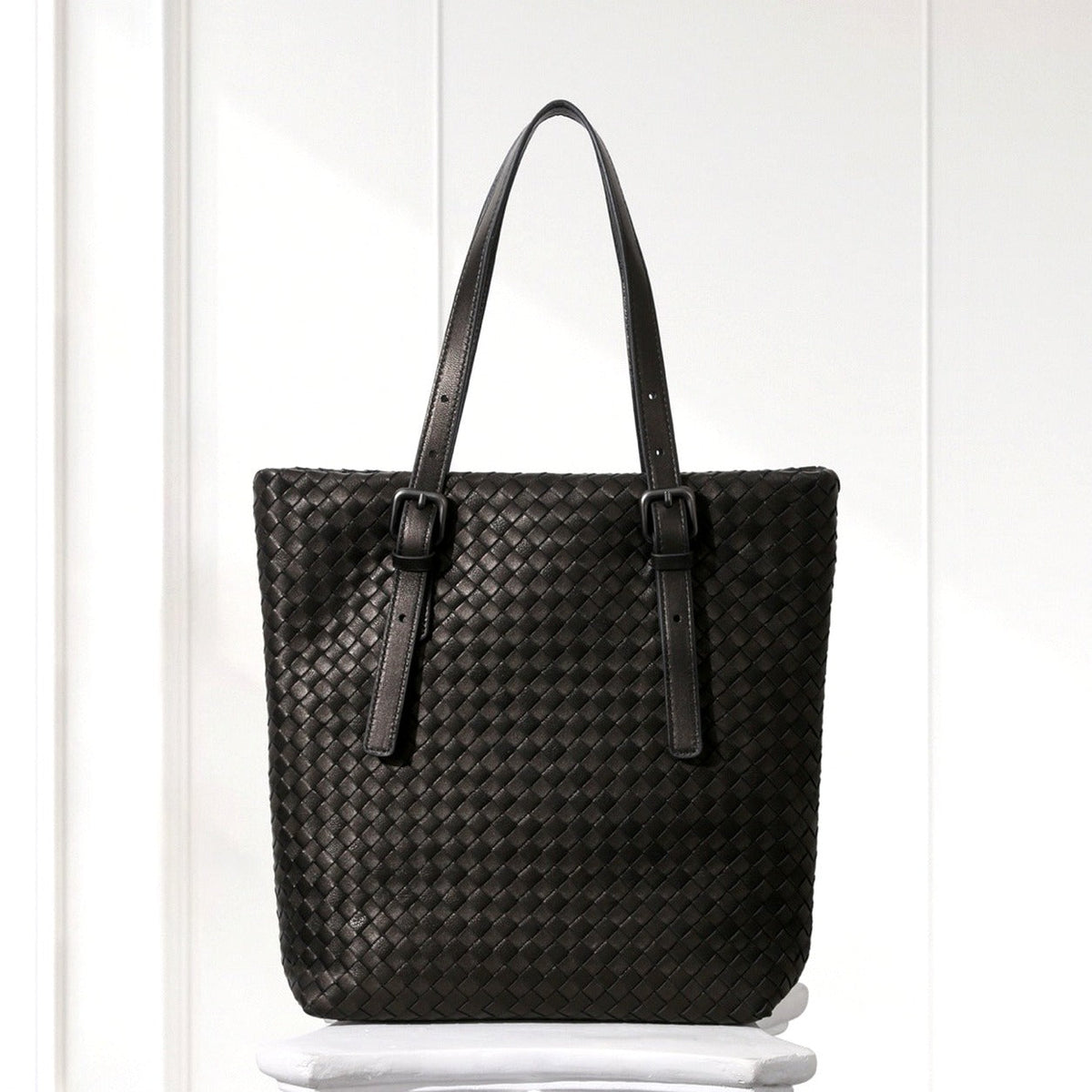 Tove Woven Tote in Black, front view