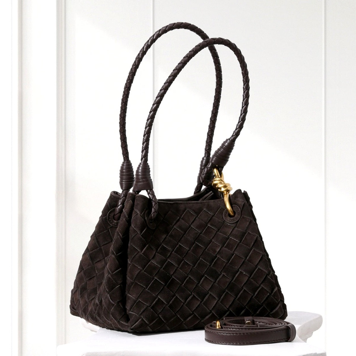 Ilsa Woven Shoulder Bag in Dark Brown, angled view