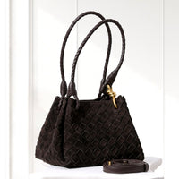 Ilsa Woven Shoulder Bag in Dark Brown, angled view