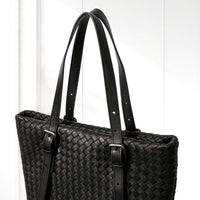 Tove Woven Tote in Black, leather detail