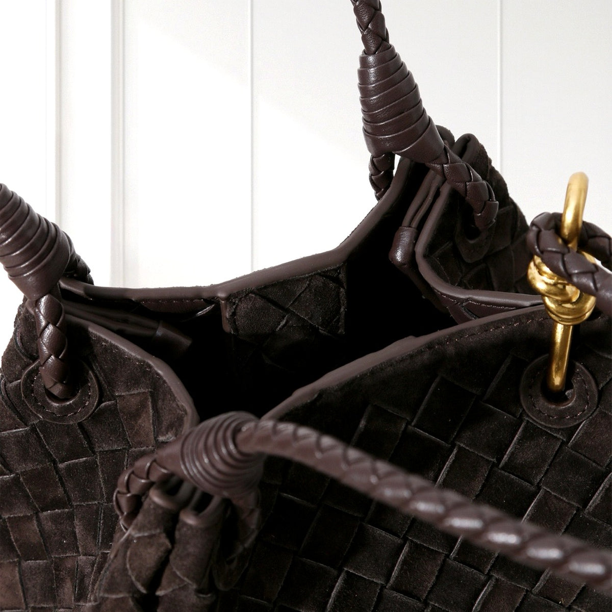 Ilsa Woven Shoulder Bag in Dark Brown, interior view