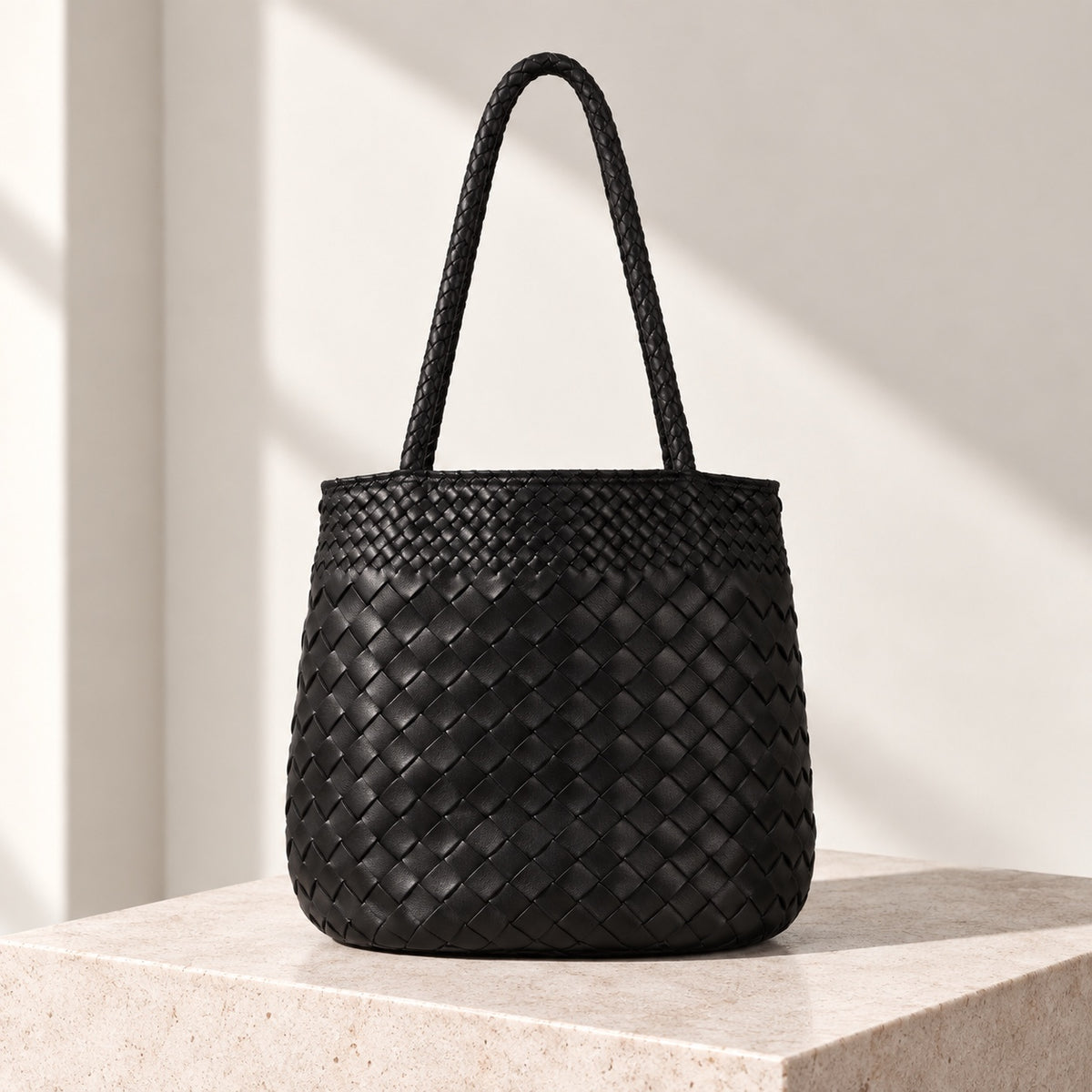 Alba Woven Bucket Tote in Black, front view