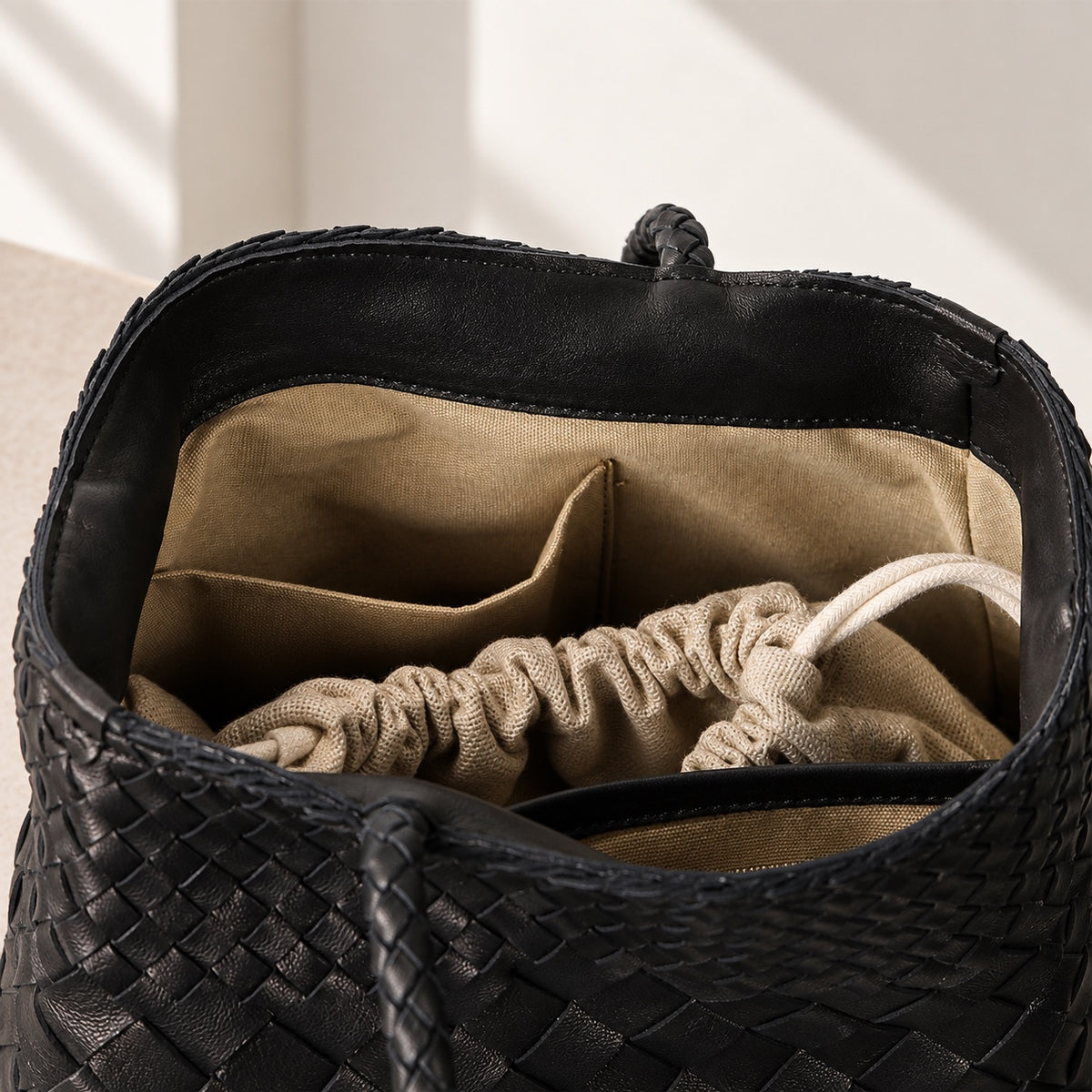 Alba Woven Bucket Tote in Black, interior detail