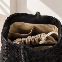Alba Woven Bucket Tote in Black, interior detail