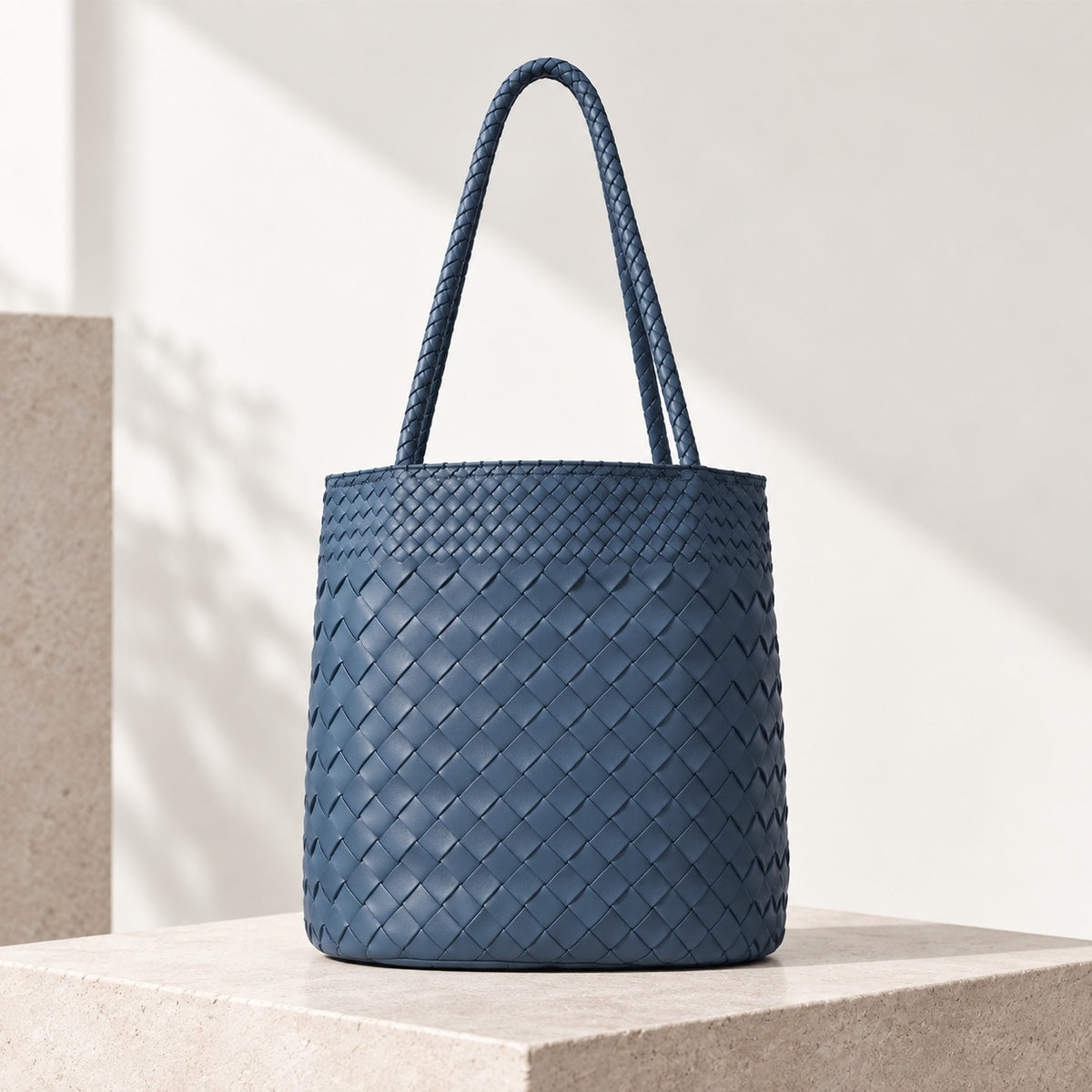 Alba Woven Bucket Tote in Blue, front view