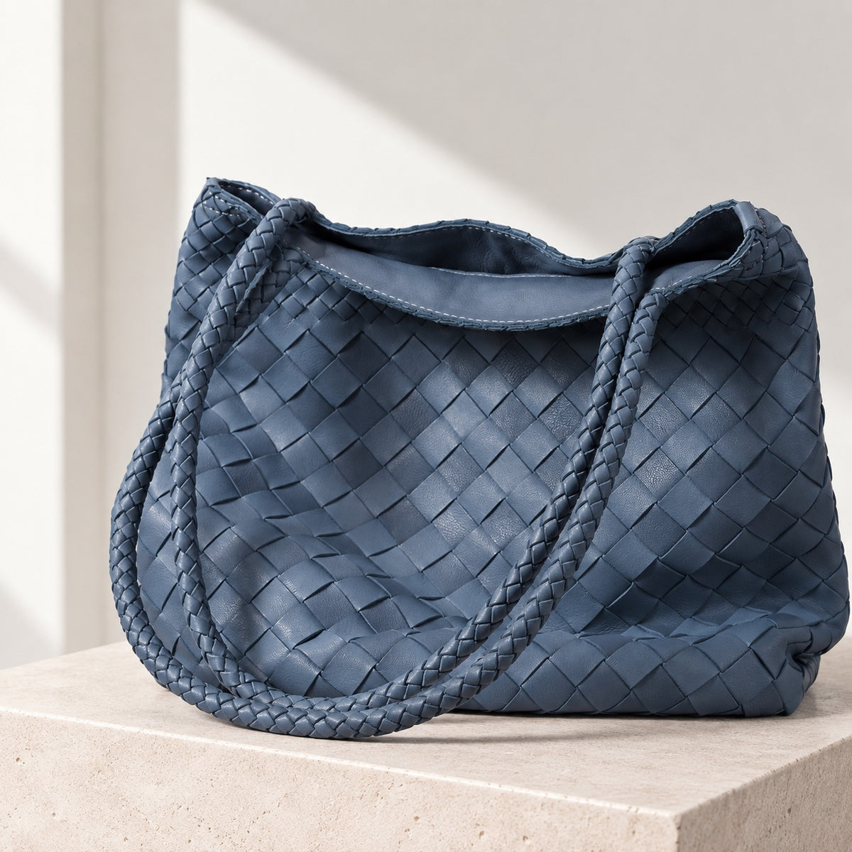 Alba Woven Bucket Tote in Blue, relaxed view