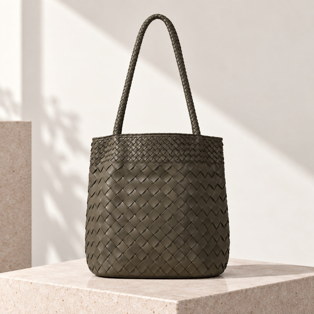 Alba Woven Bucket Tote in Olive, front view