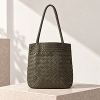 Alba Woven Bucket Tote in Olive, front view