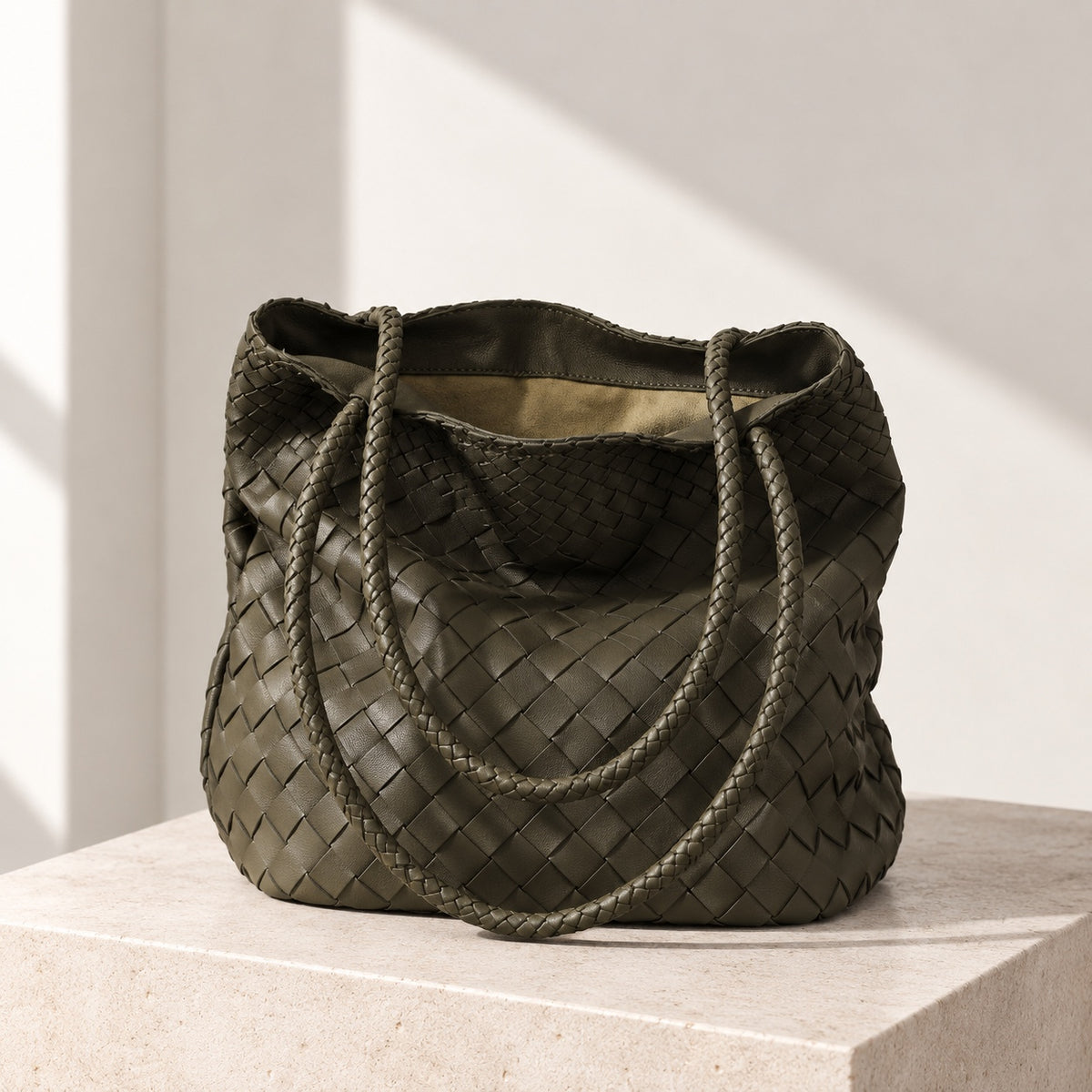 Alba Woven Bucket Tote in Olive, relaxed view