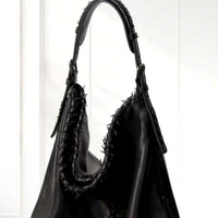 Eira Woven Hobo Bag in Black, leather detail