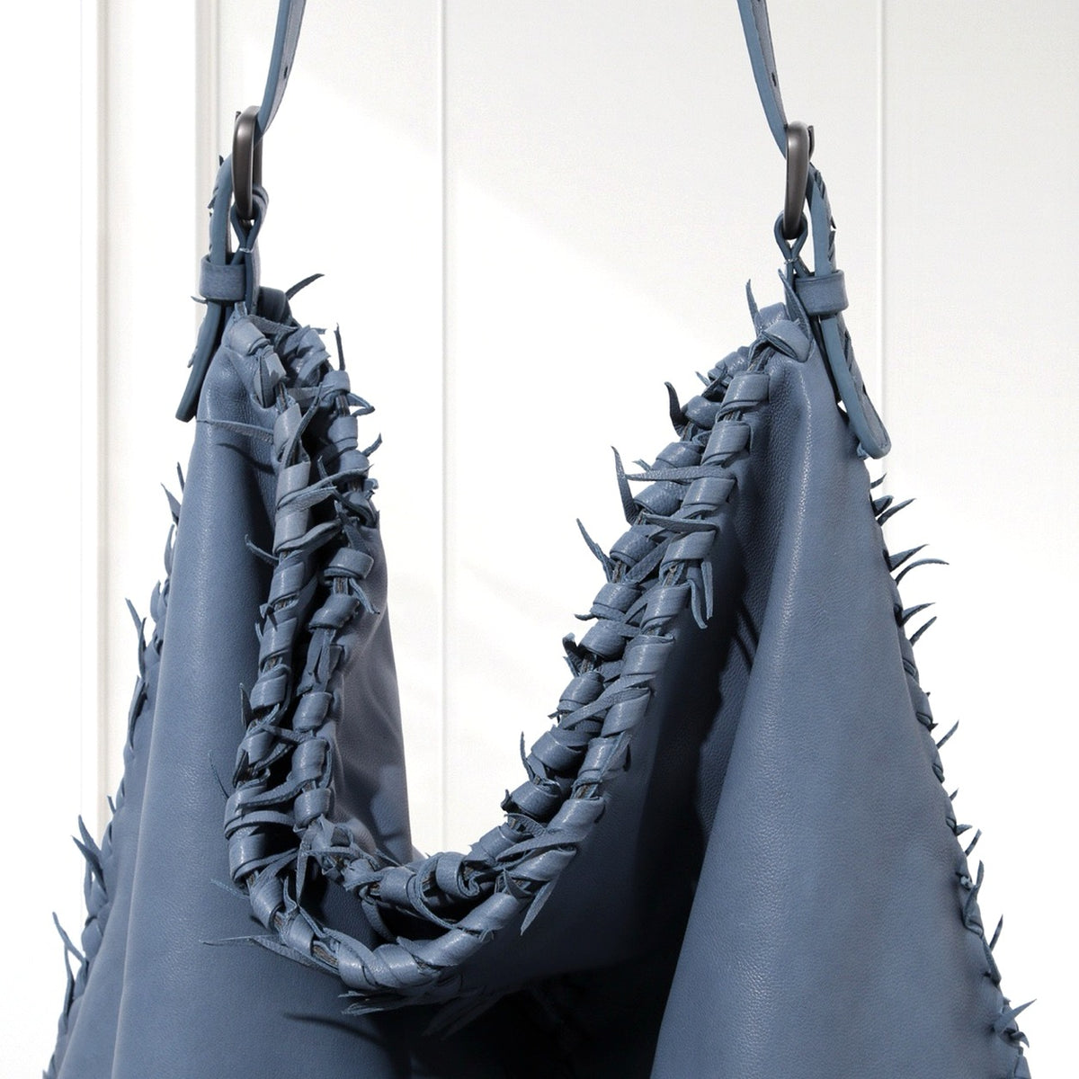 Eira Woven Hobo Bag in Dusty Blue, leather detail