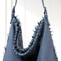 Eira Woven Hobo Bag in Dusty Blue, leather detail