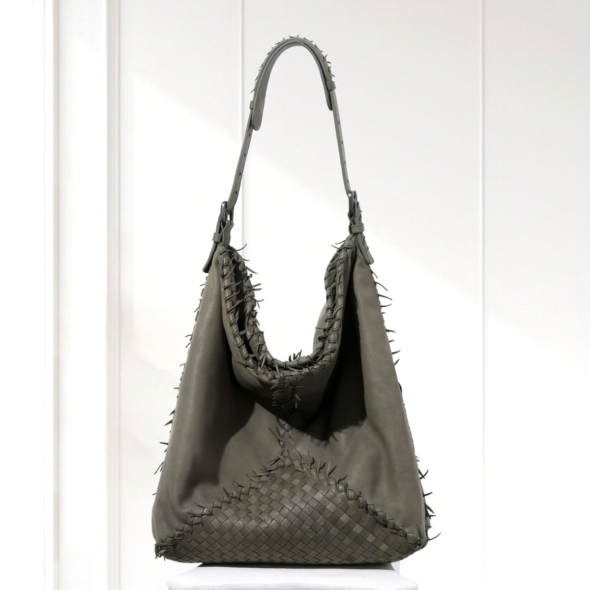 Eira Woven Hobo Bag in Olive, front view