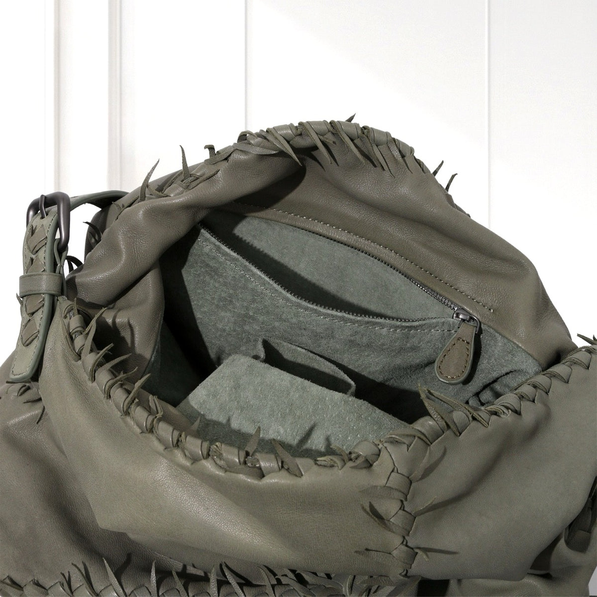 Eira Woven Hobo Bag in Olive, interior view