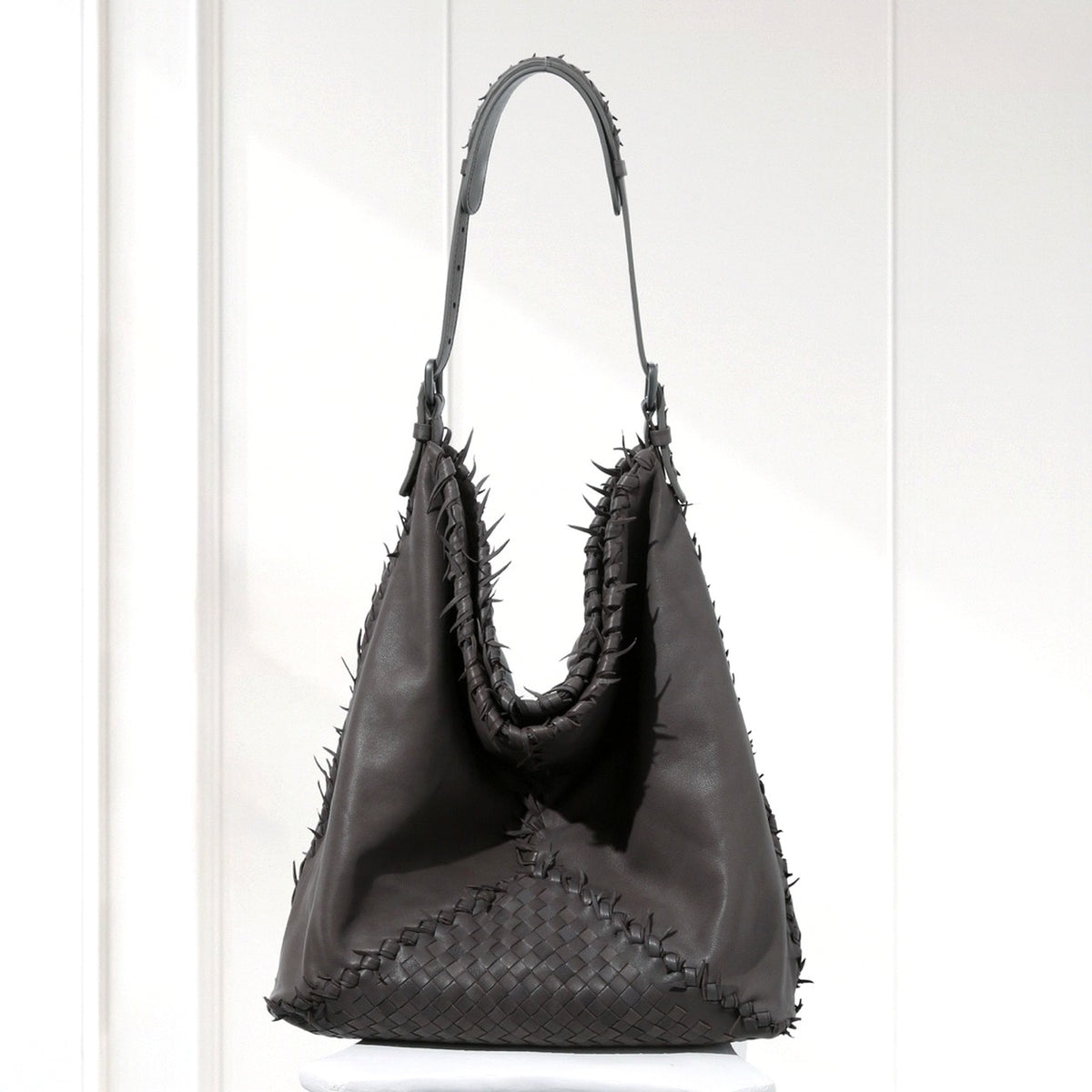 Eira Woven Hobo Bag in Dark Gray, front view
