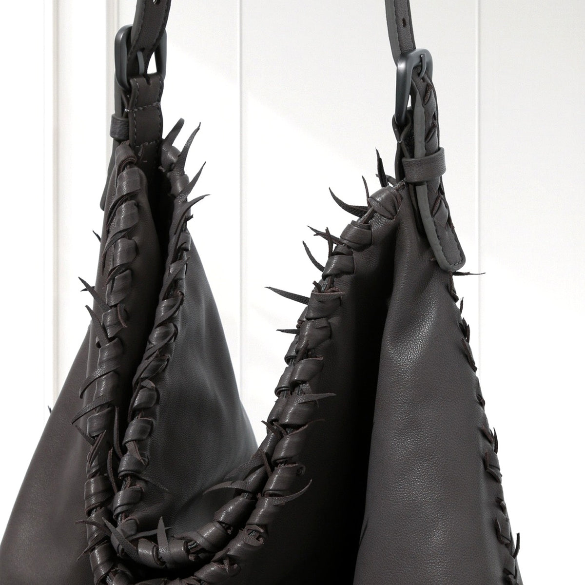Eira Woven Hobo Bag in Dark Gray, leather detail