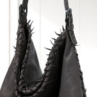 Eira Woven Hobo Bag in Dark Gray, leather detail