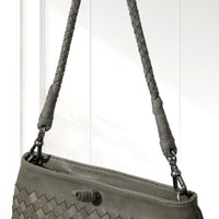 Elin Woven Crossbody Bag in Sage, leather detail