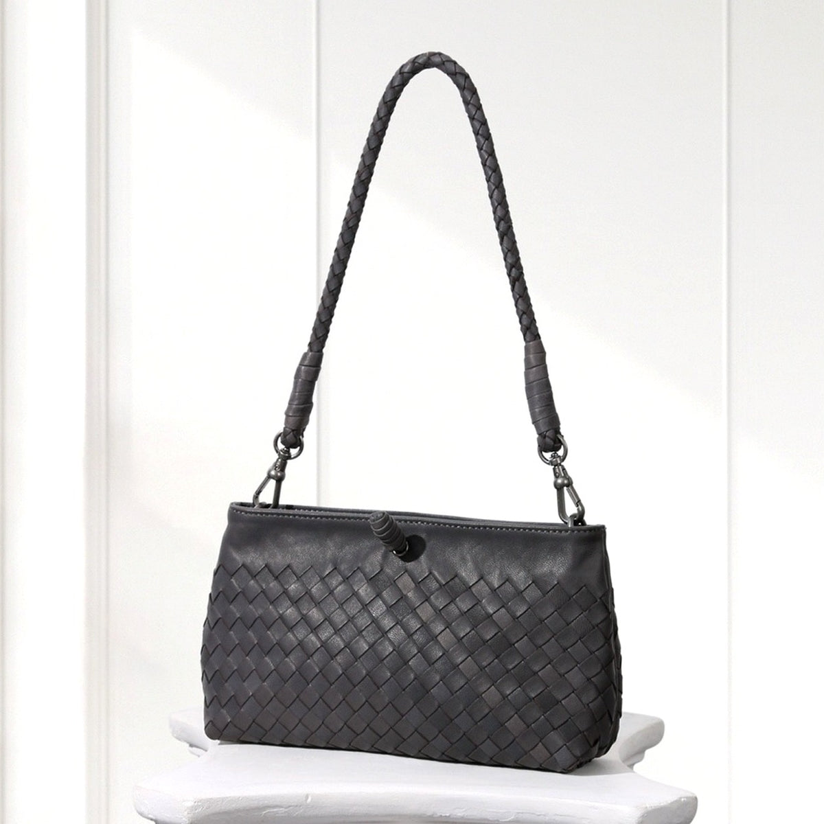 Elin Woven Crossbody Bag in Dark Gray, front view