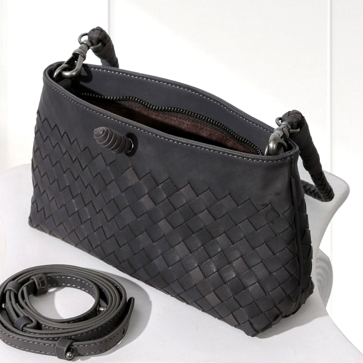 Elin Woven Crossbody Bag in Dark Gray, angled view