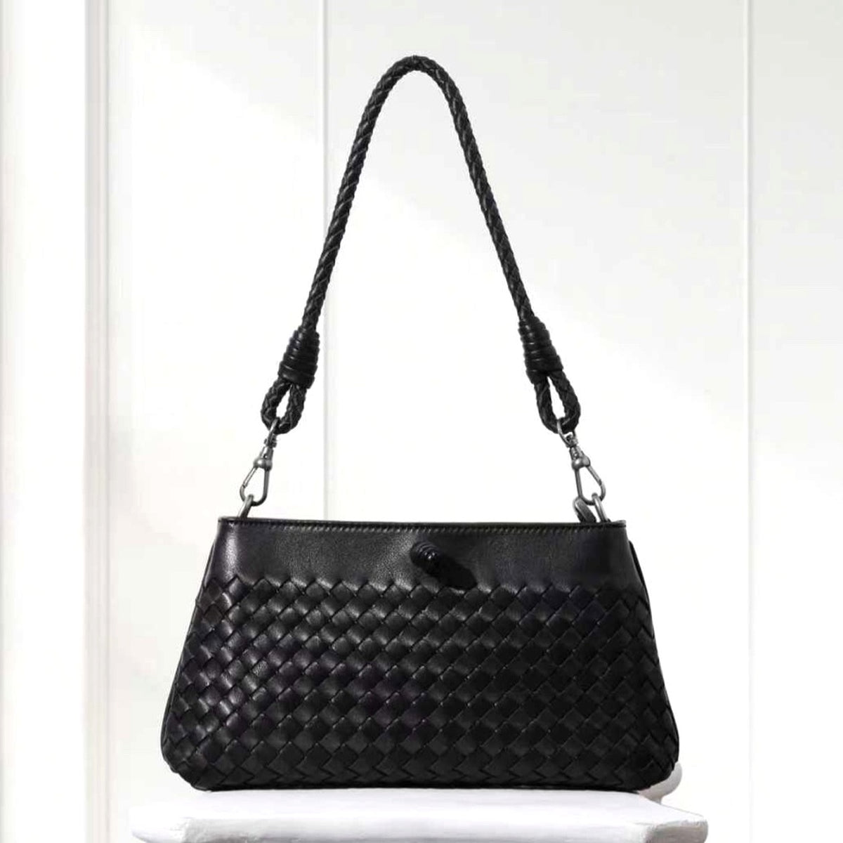 Elin Woven Crossbody Bag in Black, front view