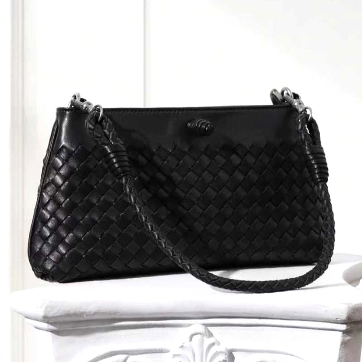 Elin Woven Crossbody Bag in Black, angled view