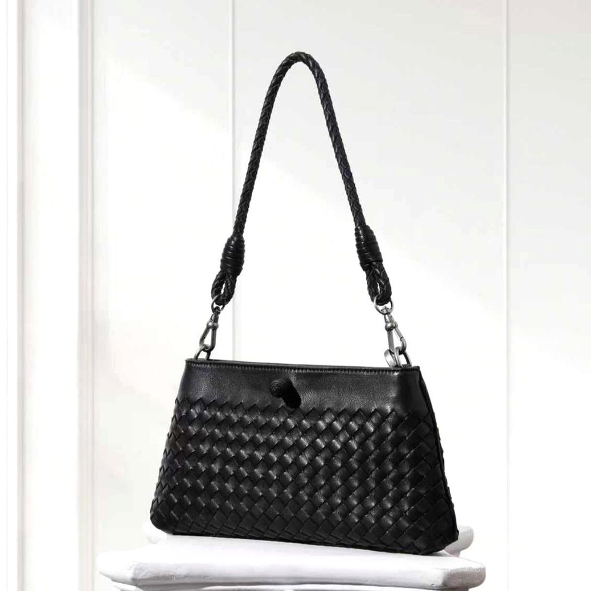 Elin Woven Crossbody Bag in Black, front view