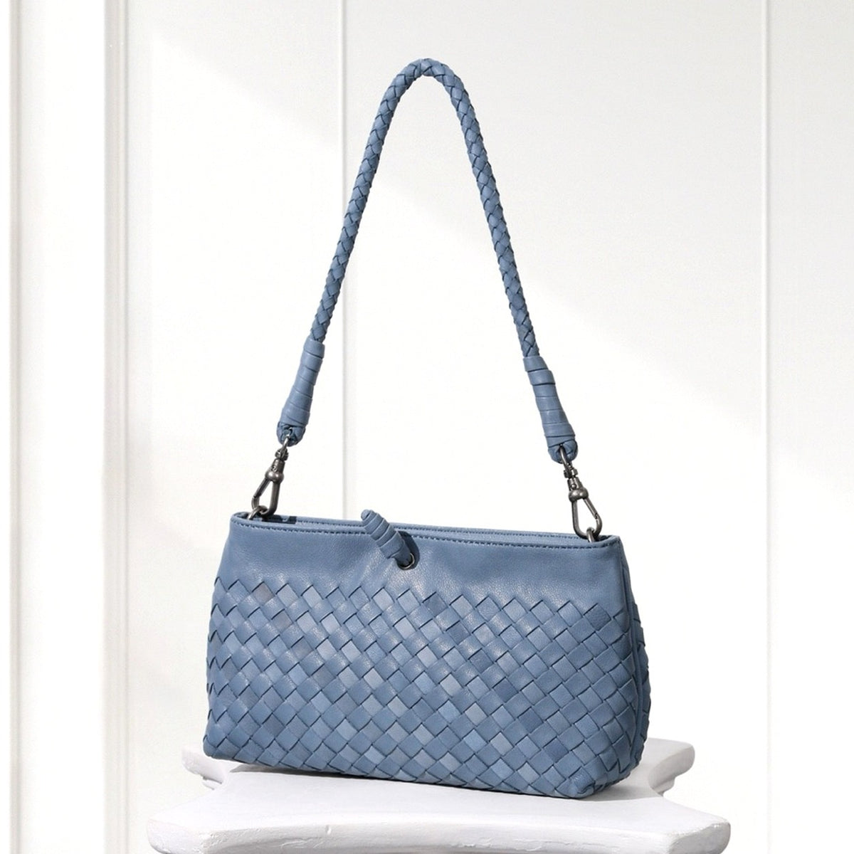 Elin Woven Crossbody Bag in Dusty Blue, front view