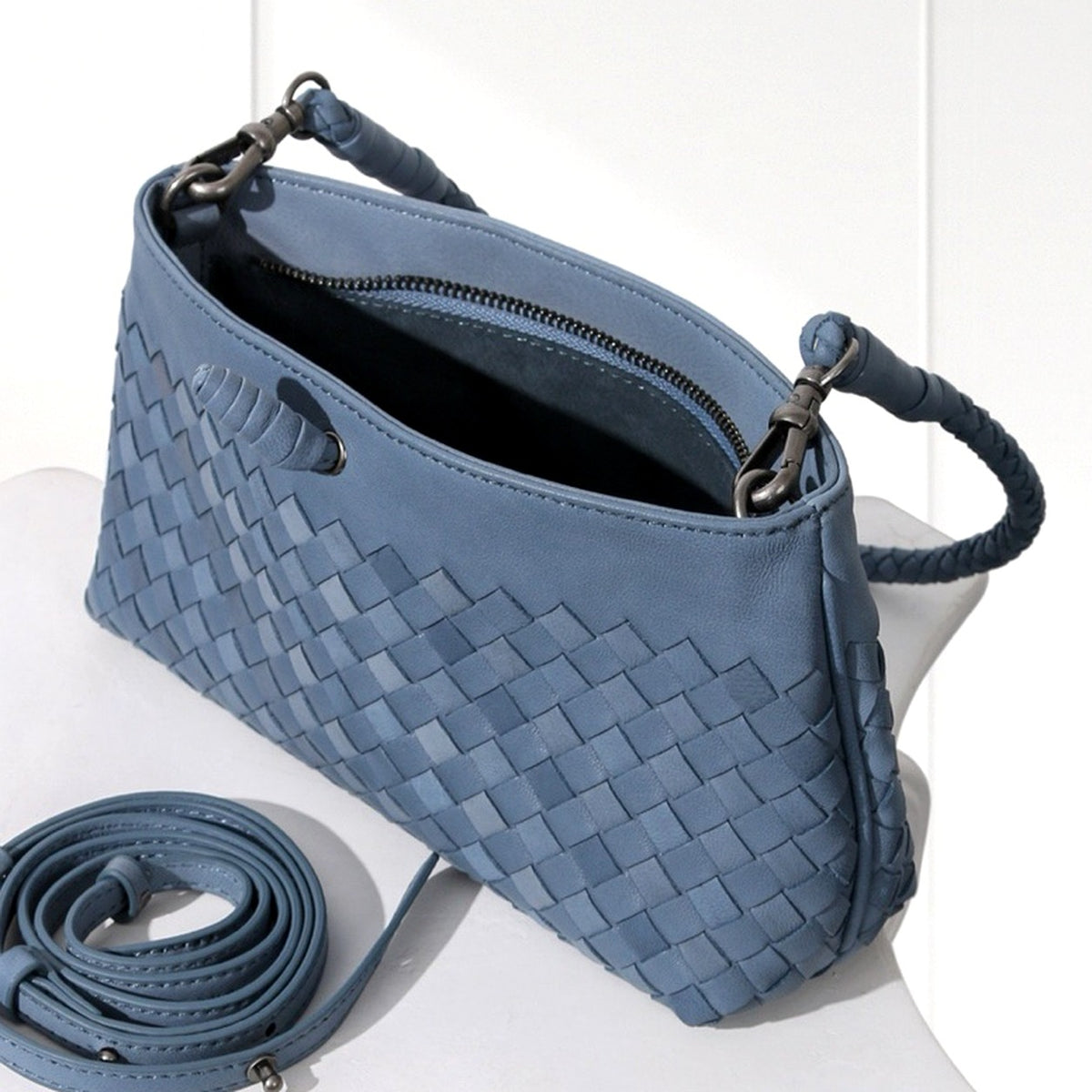 Elin Woven Crossbody Bag in Dusty Blue, angled view