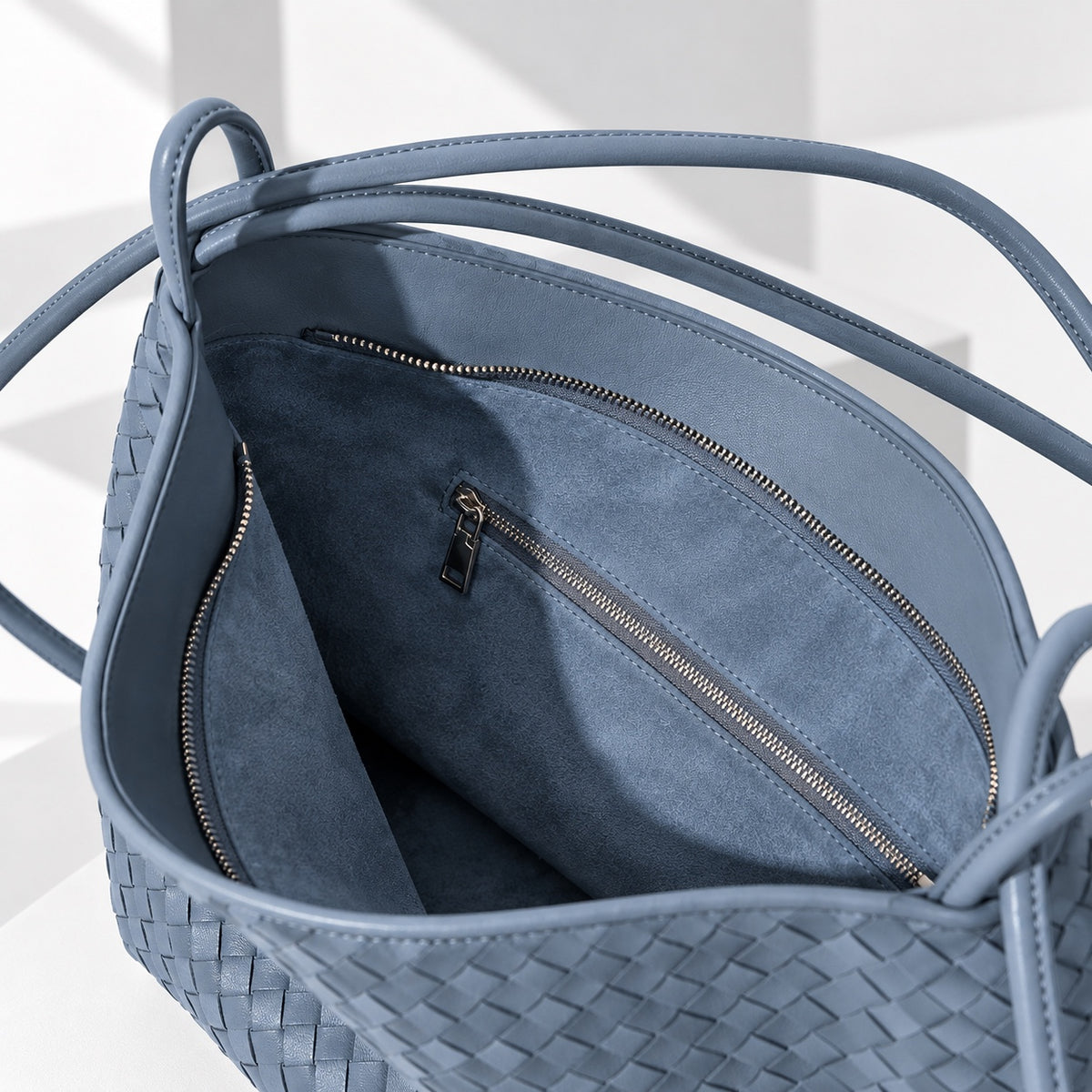 Runa Woven Hobo Bag in Haze Blue, interior view