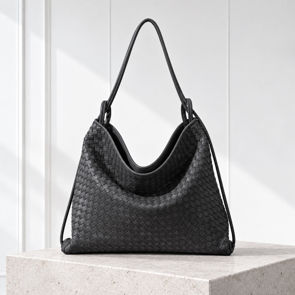 Runa Woven Hobo Bag in Dark Gray, front view