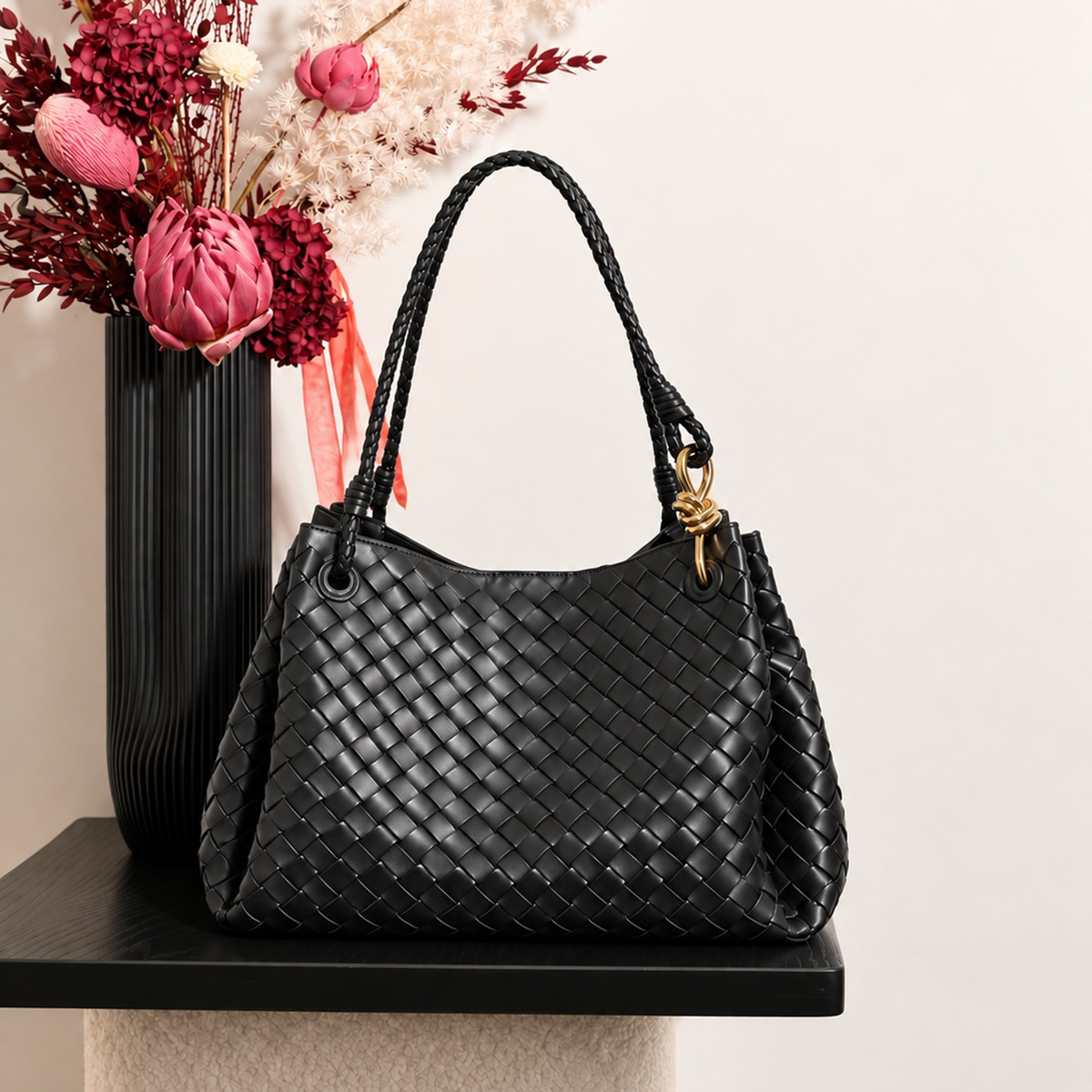 Wren Woven Tote in Black, front view