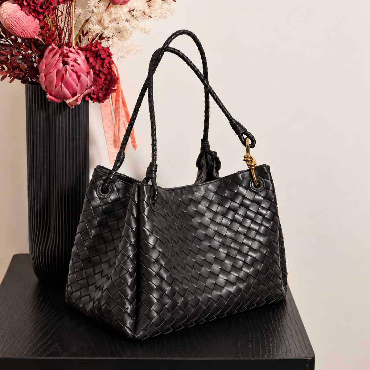 Wren Woven Tote in Black, angled side view