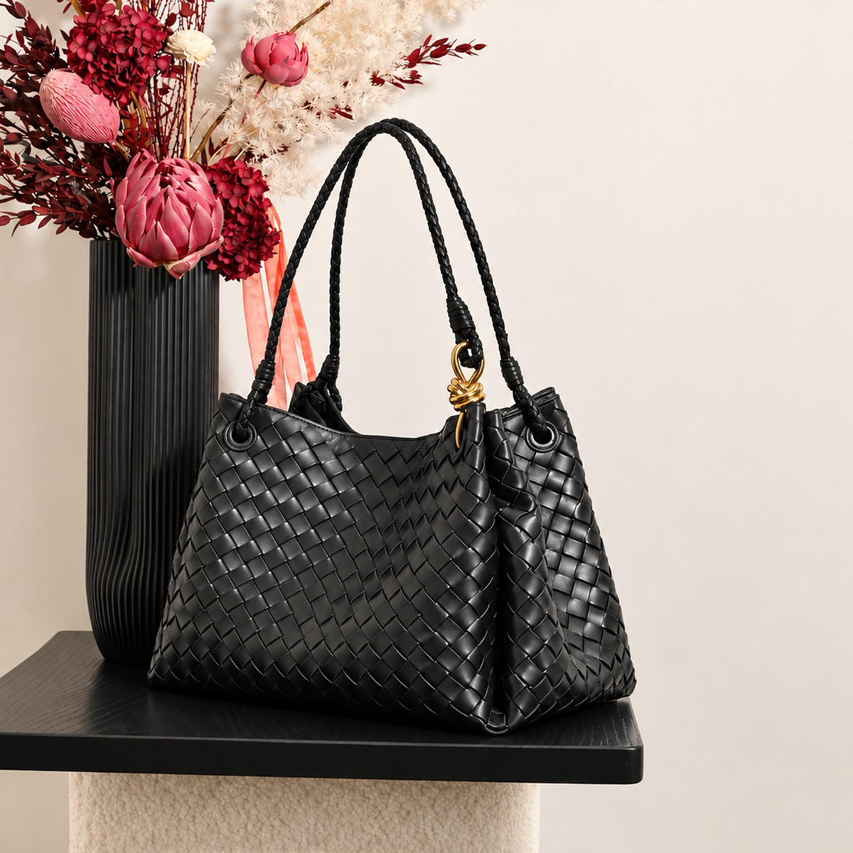 Wren Woven Tote in Black, three-quarter view