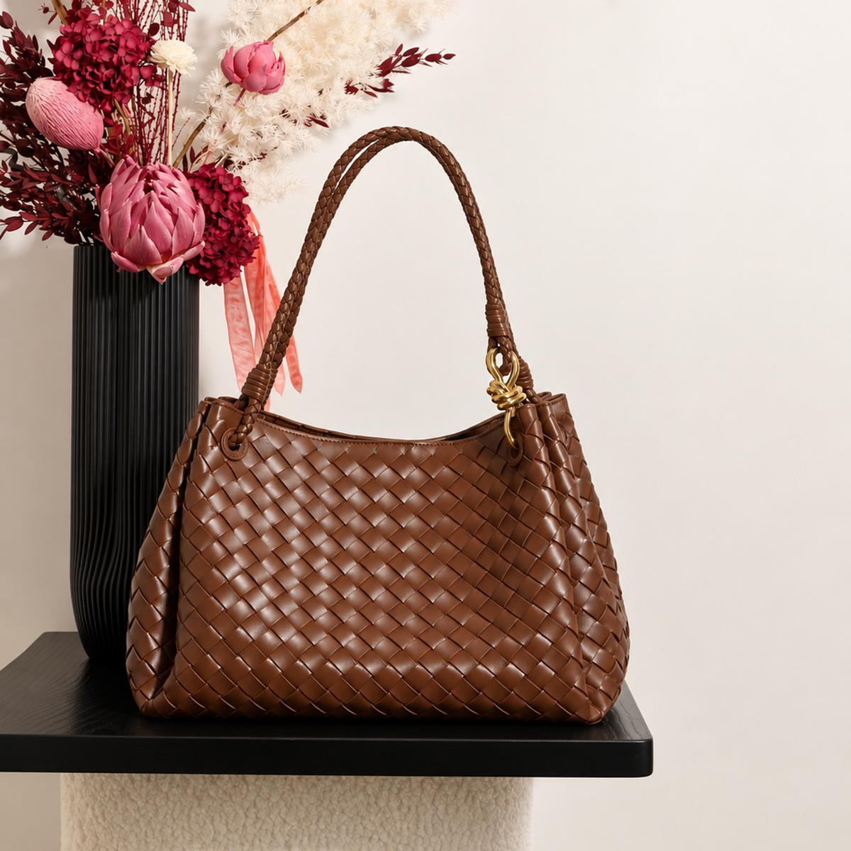 Wren Woven Tote in Brown, front view